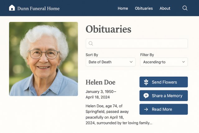 Obituary page with elderly woman’s photo and memorial service options.