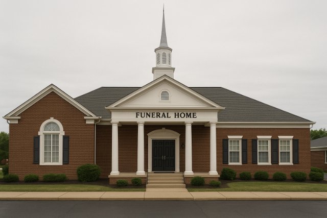 Red-brick funeral home with white columns and steeple on a cloudy day.