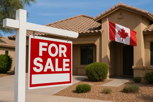 Canadian snowbird home with for sale sign and Canadian flag