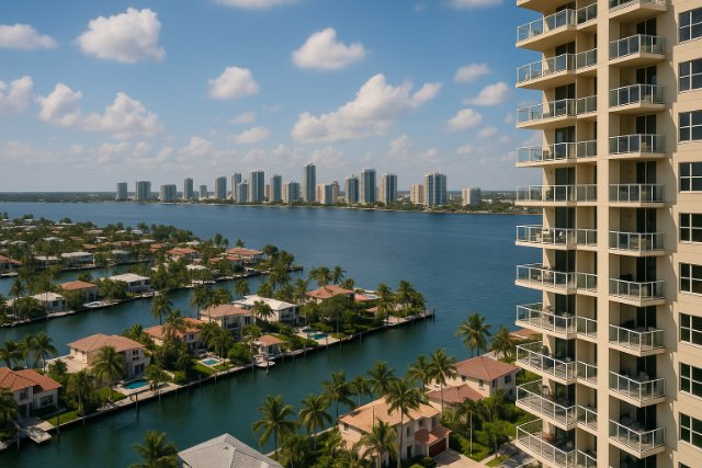 Florida waterfront skyline with high-rise condos and canal homes