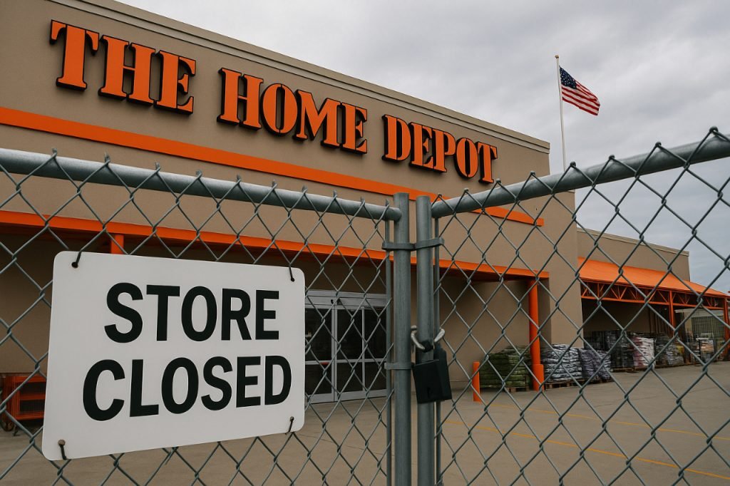 Closed Home Depot store with chain-link fence and closure sign.