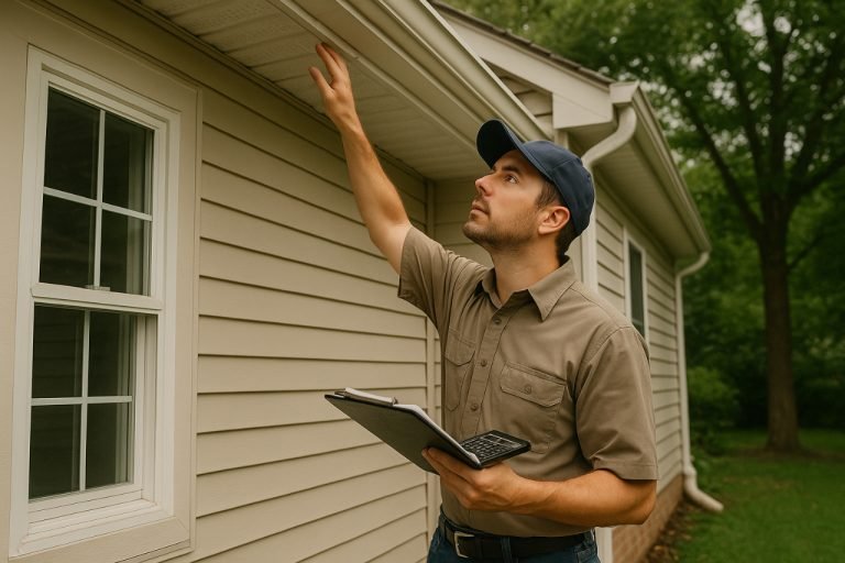 Home inspector examining house siding with clipboard.