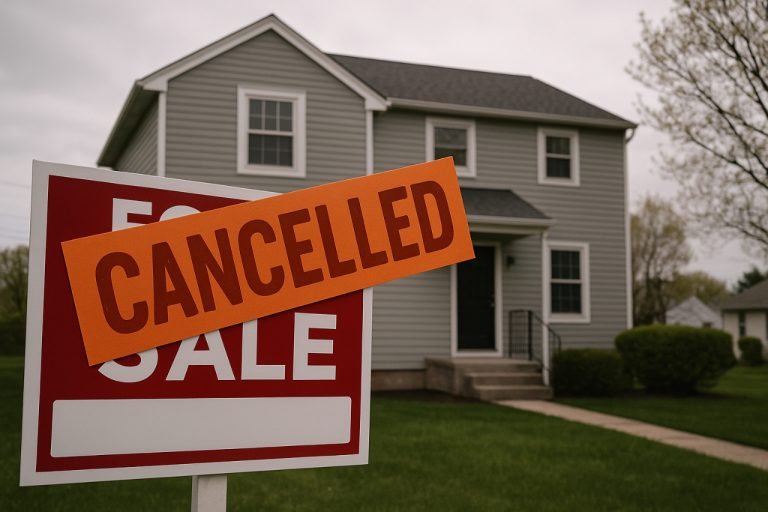 Cancelled home sale sign in front of a house, 2025 real estate trend.