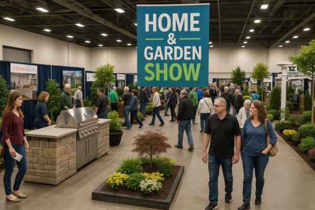 Visitors exploring booths at a home and garden show.
