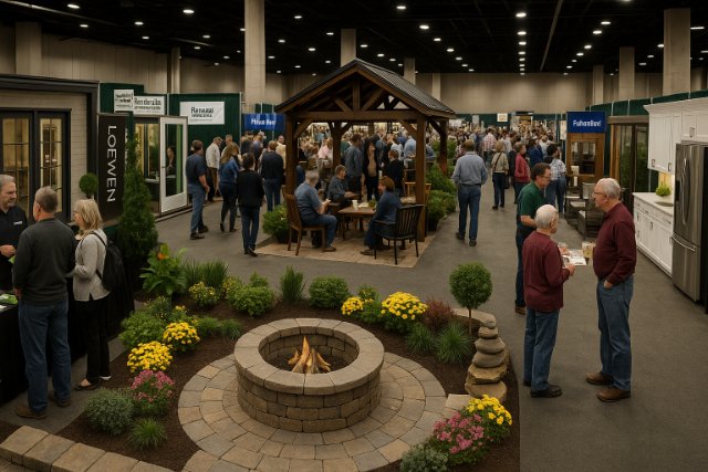 Home and garden show floor with exhibitor booths and visitors engaging.