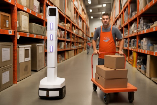 A Home Depot warehouse scene showing a robot scanning shelves alongside an employee pushing a cart with boxes in an aisle lined with orange metal shelves.