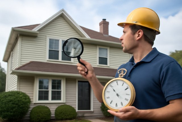 A professional home inspector in a yellow hard hat uses a magnifying glass and stopwatch while inspecting a two-story suburban house with beige siding, red roof, and brick chimney on a partly cloudy day.