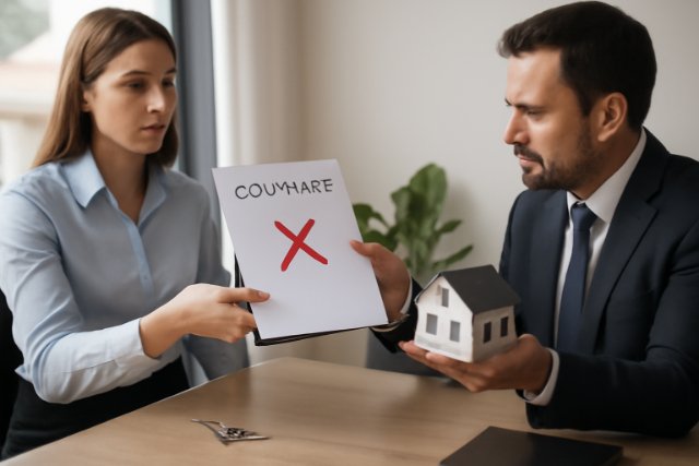 A professional woman in a light blue shirt hands over a contract with a red "X" on it to a man in a dark suit, who is holding a small model house. A notebook, house keys, and a spoon are visible on the wooden table, and natural light streams through the window.
