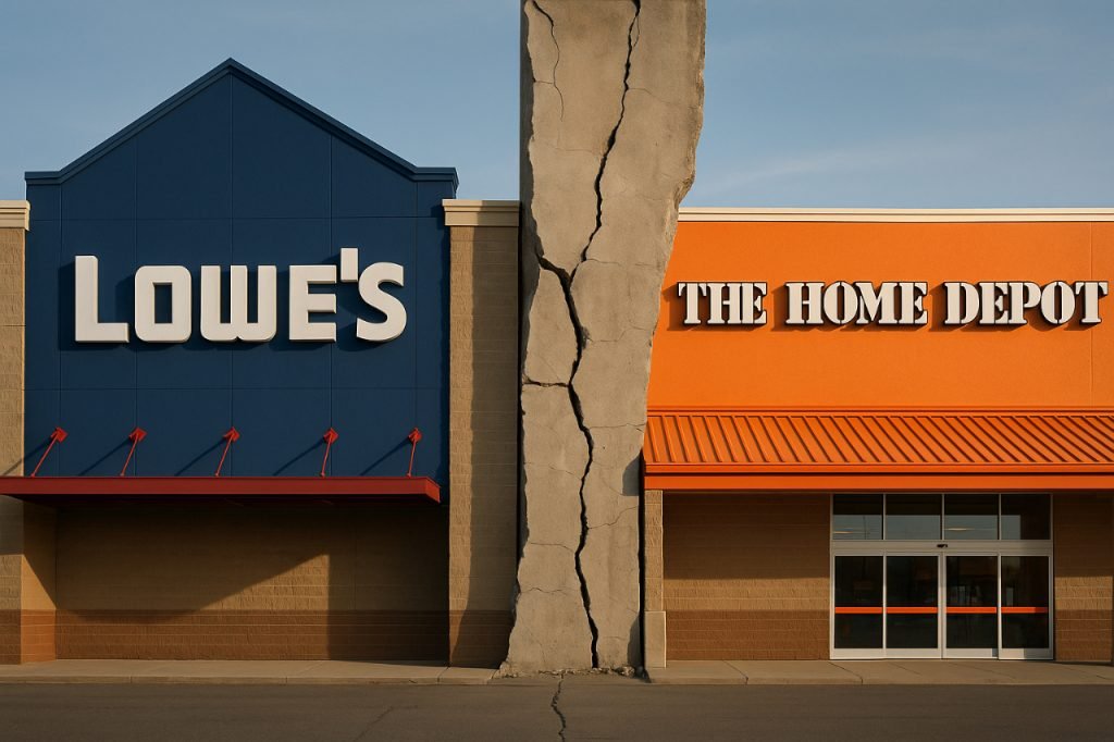 Lowe's and Home Depot buildings divided by cracked wall.