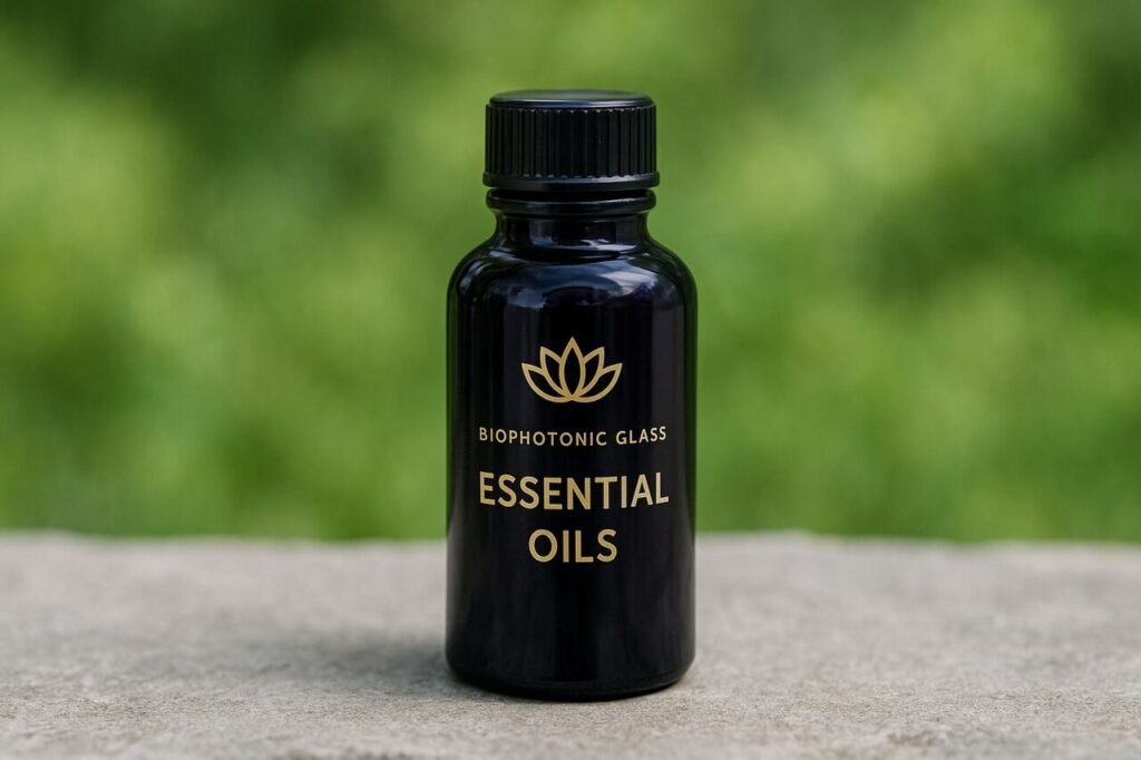 Biophotonic Glass to Protect Your Essential Oils Violet biophotonic glass bottle of essential oils outdoors on a stone surface.