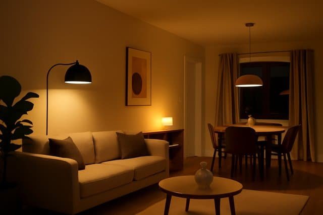 Cozy living and dining area with warm smart home lighting, featuring a sofa, wooden furniture, and elegant decor.