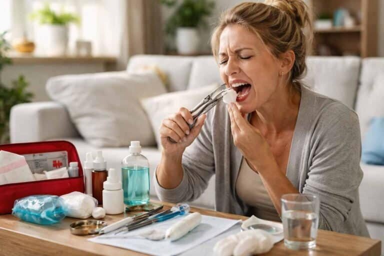 Emergency Tooth Extraction at Home: Safe Decision Making, and Urgent Care Planning Woman performing emergency tooth extraction at home with dental tools.