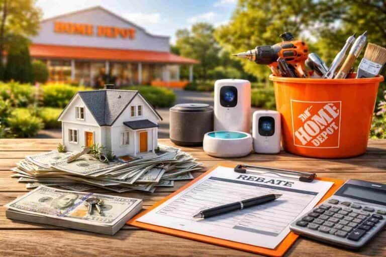 Home Depot 11% Rebate Guide for Smart Home Improvement Savings Smart home devices and rebate form in front of Home Depot store