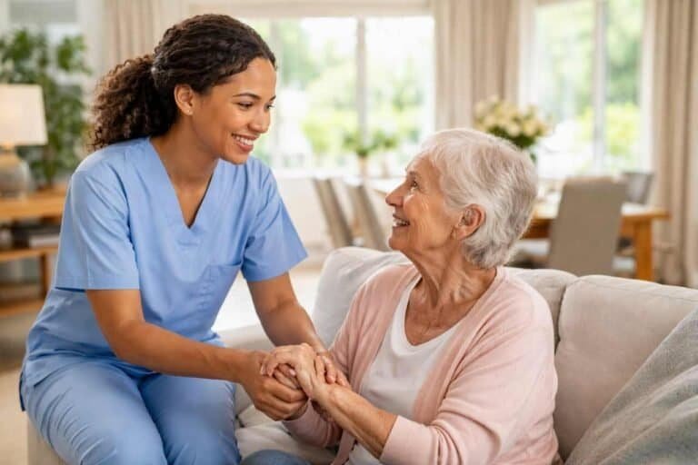 Caregiver holding hands with senior woman at home for daily support.