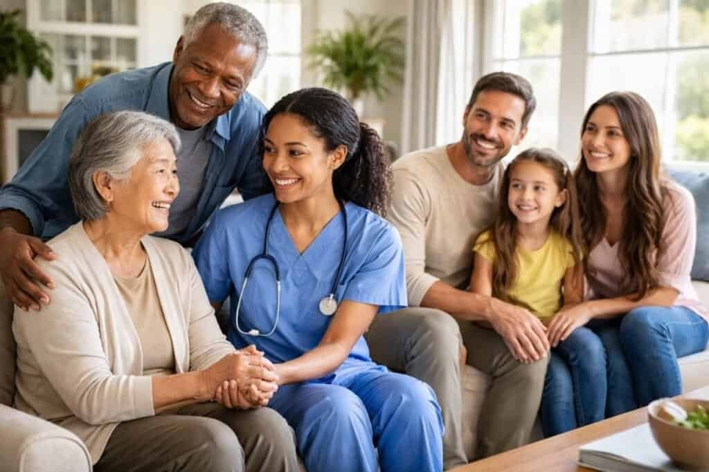 Team Select Home Care Services, Programs, and Family-Focused Support at Home Team Select Home Care nurse with smiling elderly woman and supportive family at home.