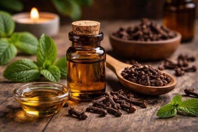 Clove oil with dried cloves and mint on a wooden table