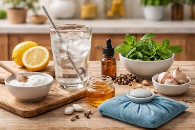 Natural remedies for tooth nerve pain on a kitchen counter