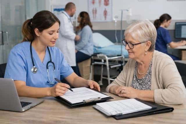Healthcare worker assessing patient care eligibility in a clinic.