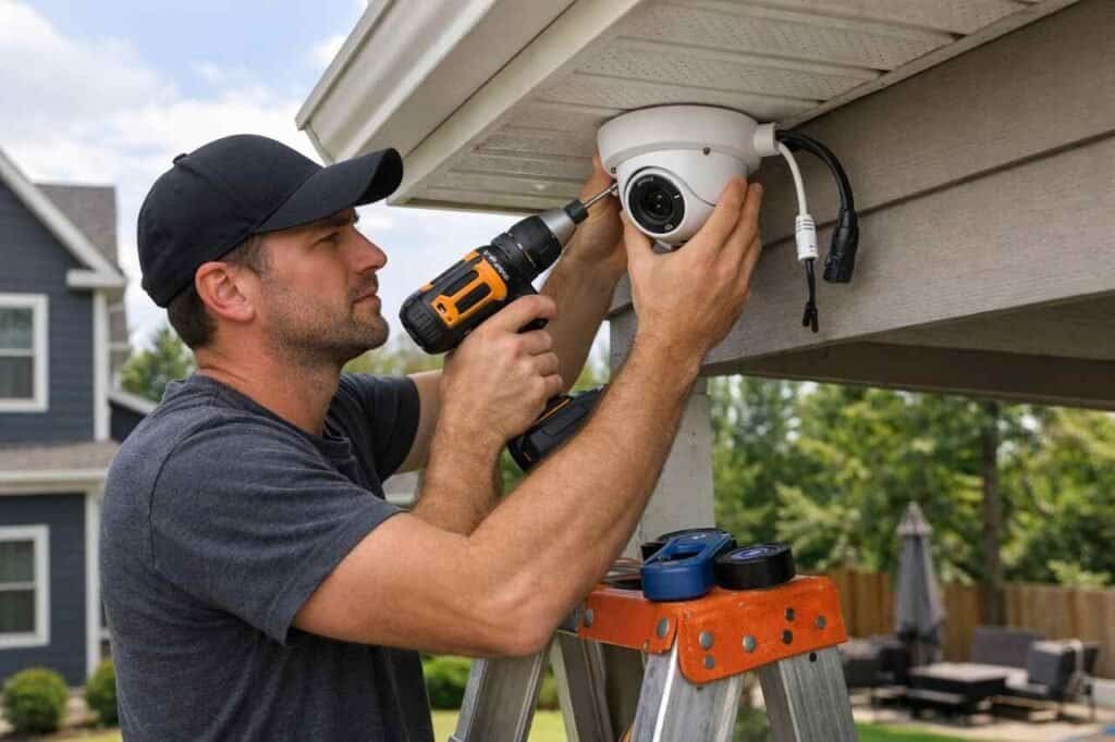 Man installing a home security camera on a house eave with a drill.