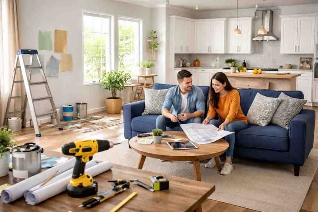Couple planning smart home upgrades in a modern living room with tools and design blueprints.