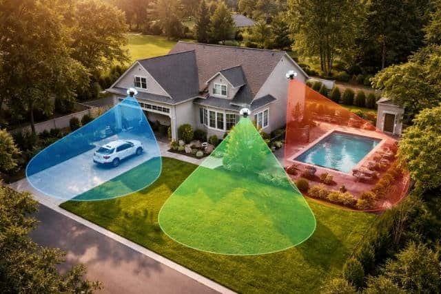 Camera coverage zones mapped around a suburban house for optimal surveillance planning.