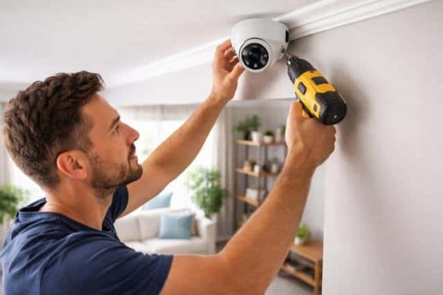 Man installing indoor security camera with drill in living room.