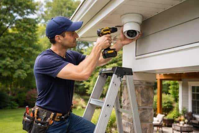 Man installing an outdoor security camera on a suburban home.