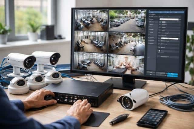 Technician setting up surveillance system with multiple live camera feeds.