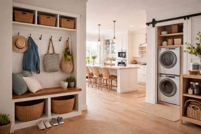 Modern home interior with functional kitchen, mudroom, and laundry nook