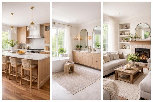 Modern kitchen, elegant bathroom, and cozy living room showing high-impact home upgrades.