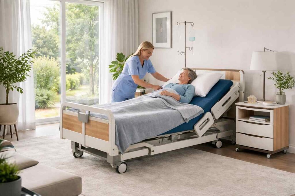 Caregiver assisting a patient in an adjustable home hospital bed in a bright room.