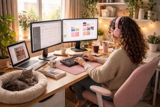 Woman working from home in a cozy tech-equipped workspace with dual monitors and a cat.