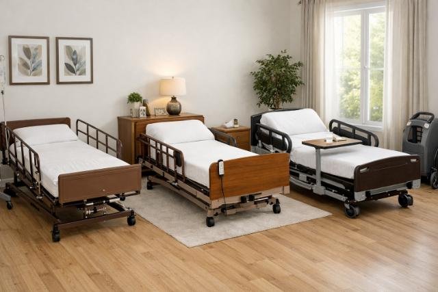 Three types of home hospital beds in a home care environment