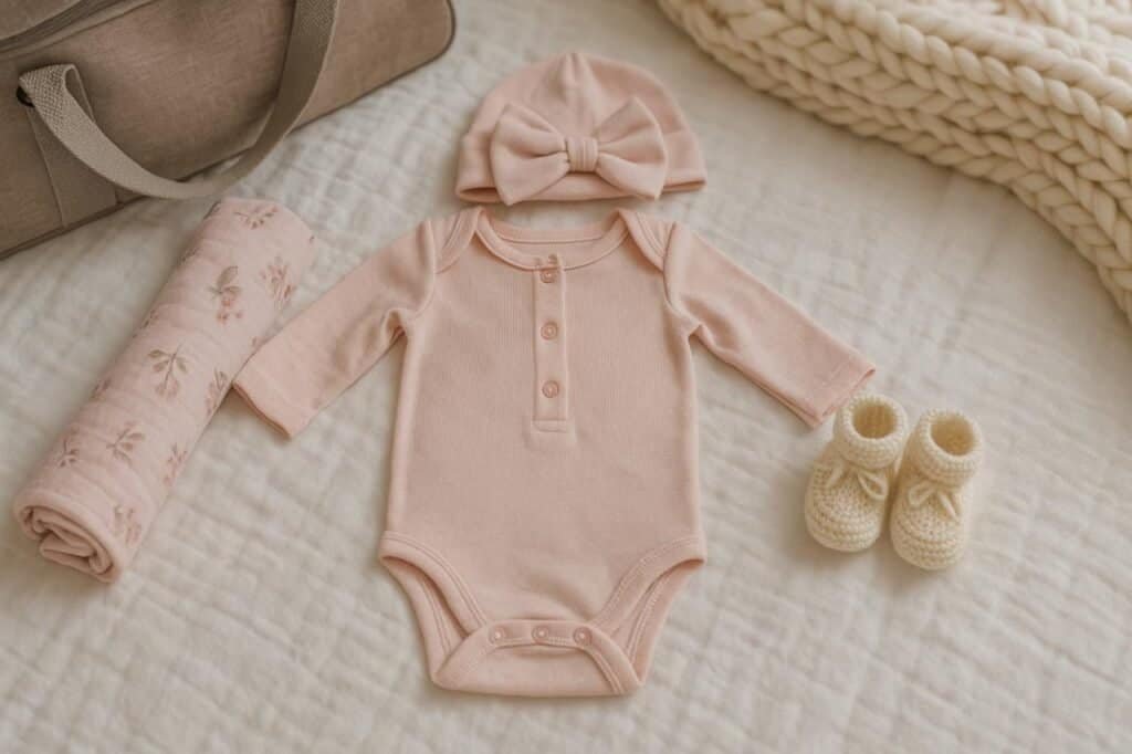 Newborn girl going home outfit with pink onesie, hat, and booties