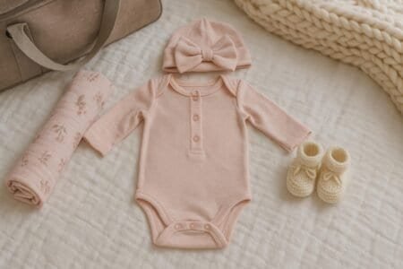 Newborn girl going home outfit with pink onesie, hat, and booties