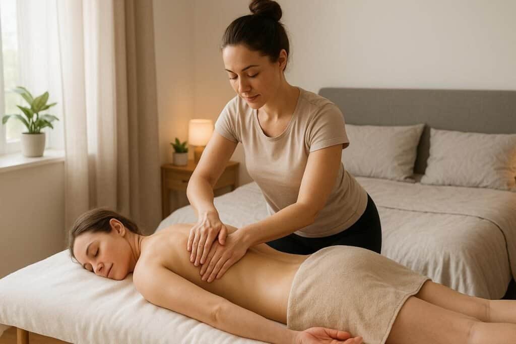 In Home Massage: A Complete Step by Step Guide for Comfort, and Better Wellness Therapist giving a back massage in a peaceful home setting.