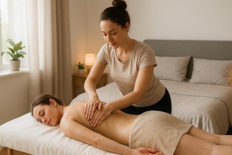 In Home Massage: A Complete Step by Step Guide for Comfort, and Better Wellness Therapist giving a back massage in a peaceful home setting.