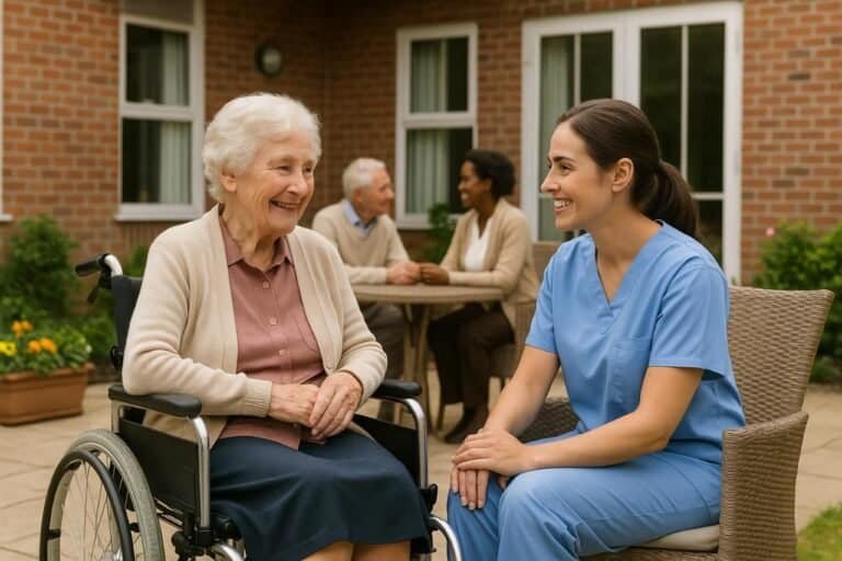 Parkview Nursing Home: Understanding Care, Services, and Admission Elderly woman in a wheelchair talking with a caregiver outside a nursing home.