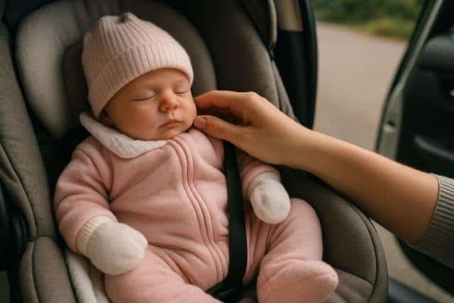 Newborn in pink outfit secured in car seat