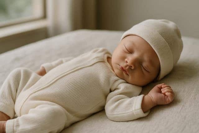 Newborn baby sleeping in soft daylight on a neutral blanket