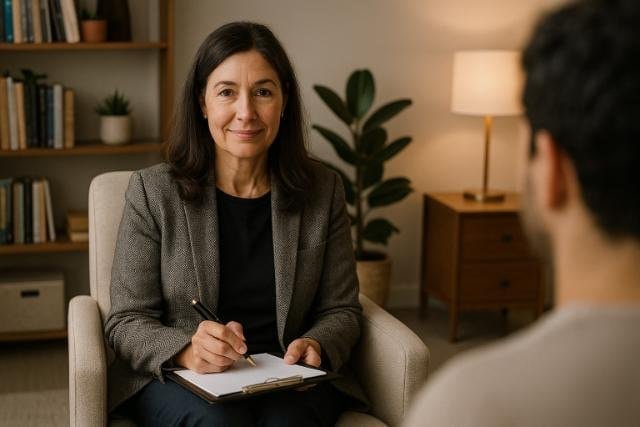 Female therapist listening to client in cozy office