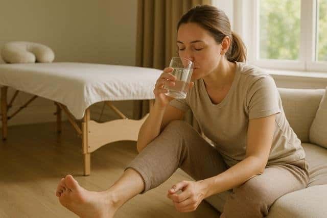 Woman drinking water and stretching after in-home massage session