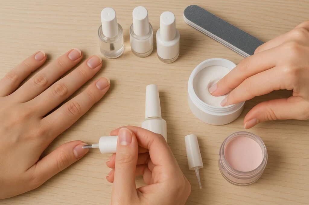 How to Do Dip Nails at Home: A Complete Step-by-Step Guide Woman doing dip nails at home with powder and tools displayed.