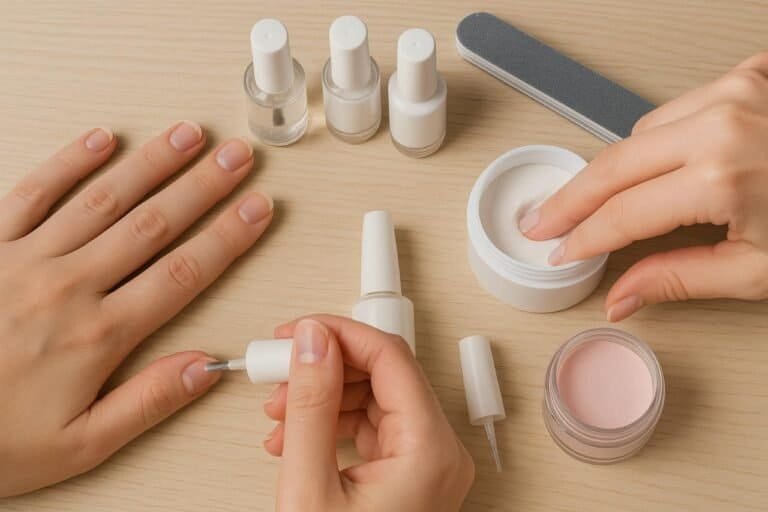 How to Do Dip Nails at Home: A Complete Step-by-Step Guide Woman doing dip nails at home with powder and tools displayed.