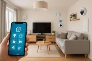 Smart home living room with app-controlled devices