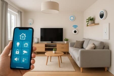 Smart home living room with app-controlled devices