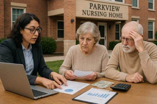 Financial advisor consulting elderly couple on nursing home costs outside Parkview Nursing Home.