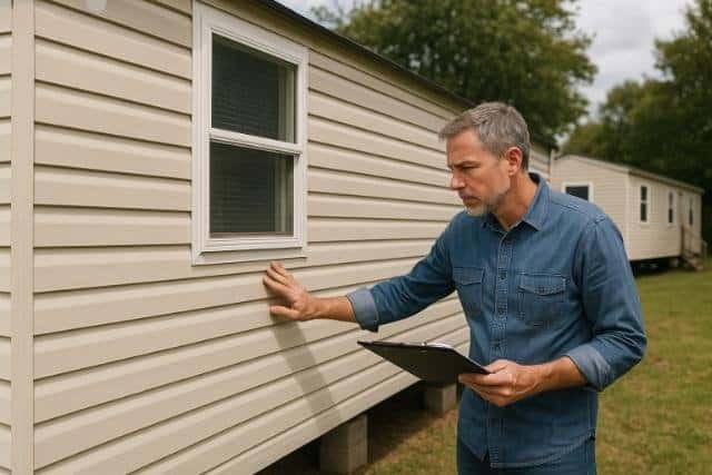 Man inspecting a mobile home exterior with clipboard