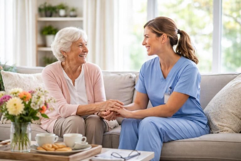 Caregiver and senior woman smiling together on a couch in a bright home setting.