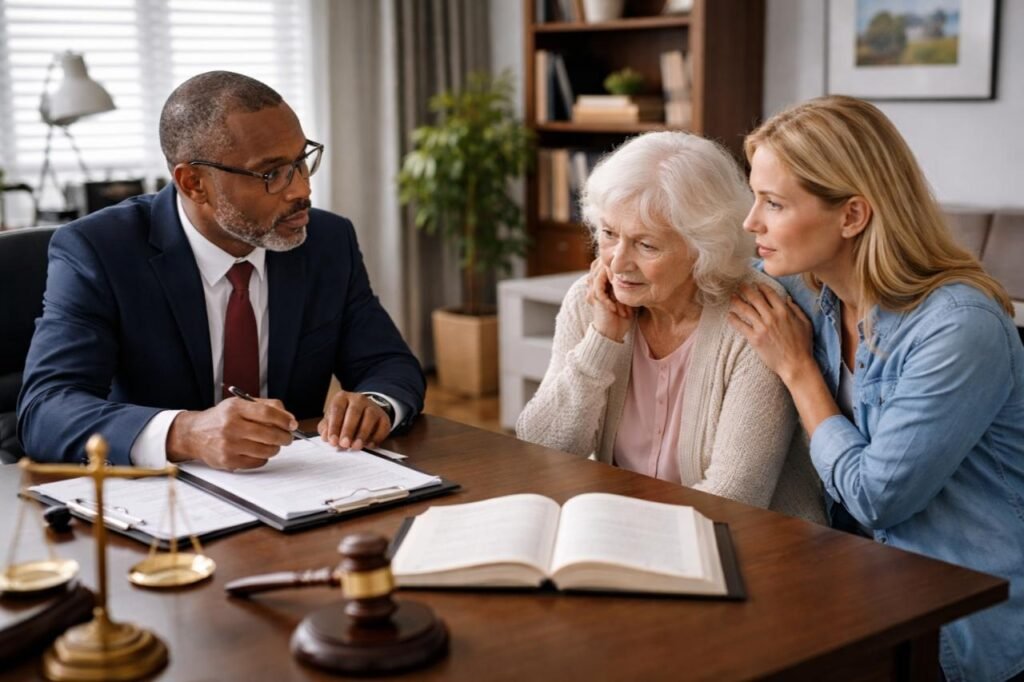 Nursing Home Negligence Lawyer: Legal Support for Elder Abuse and Care Failures Lawyer advising elderly woman and daughter on nursing home abuse case.